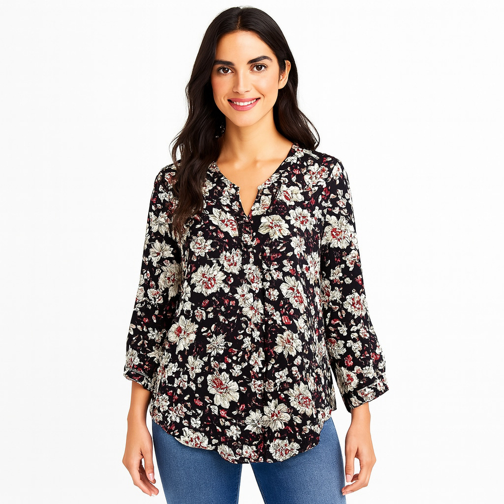 NWT fun 2 fun Black Floral Pleated V-Neck High-Low Blouse L